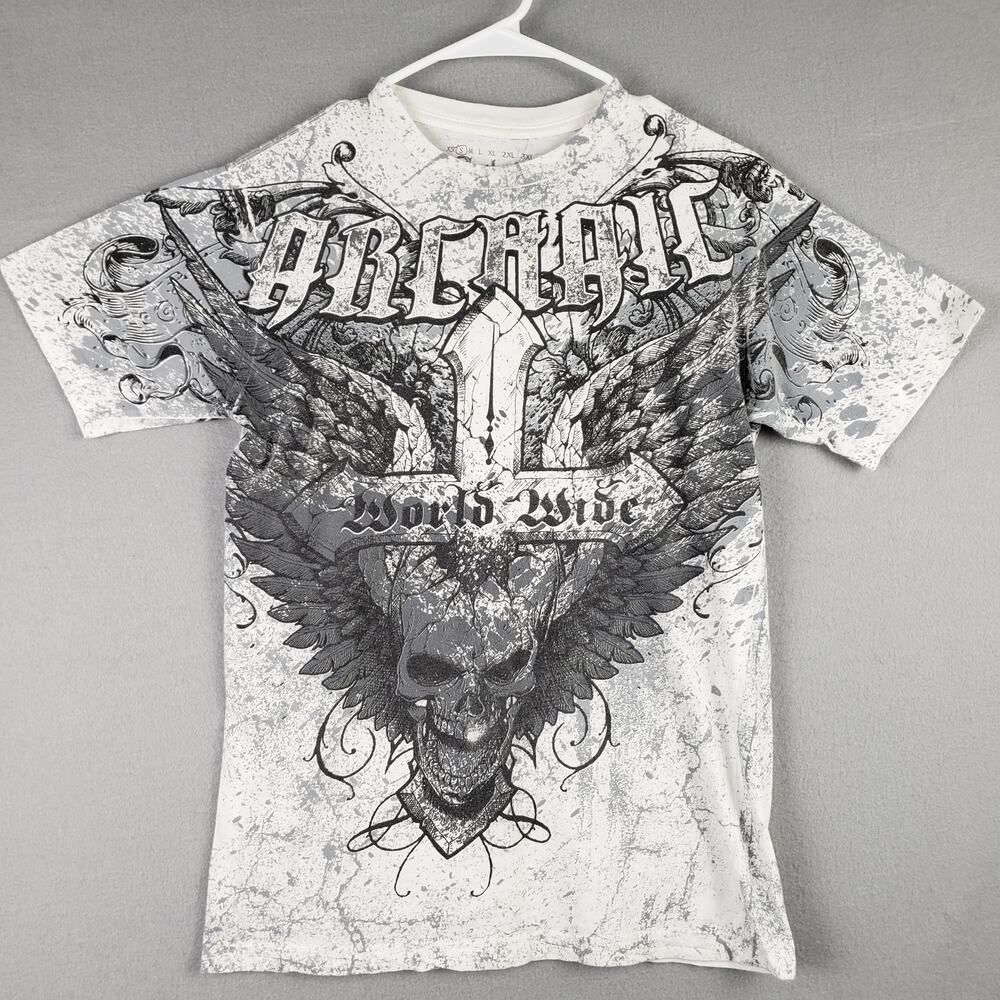 Archaic‎ Size S Tattoo Print Graphic Tee Skull Wings White Y2K Grunge Bikercore